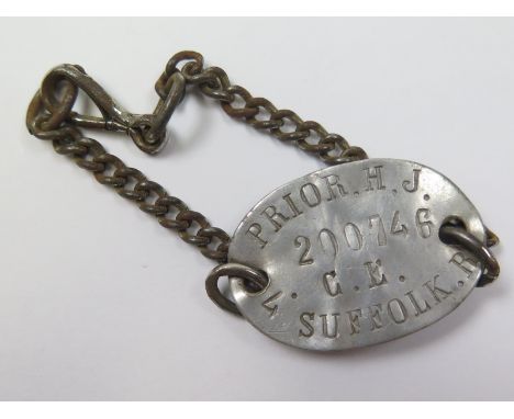 Suffolk Regt WW1 ID Bracelet and wrist chain to 200746 H J Prior 4 Suffolk R. 