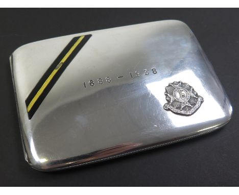 Bedfordshire & Hertfordshire Regt silver cigarette case hallmarked 1938. Presented to 'Sgt J Hawkins Serving 1/16th 1938'. Ba