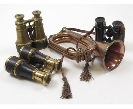 Binoculars - inc WW1 German Officers 'C P Goerz Berlin, and two pairs of Victorian, one engraved 'J Hicks 1895'. Plus a Bugle