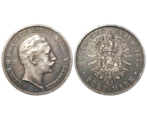 German States, Prussia silver 5 Marks 1888A, KM# 513, scarce one year type, toned GF/nVF, a few light edge knocks.