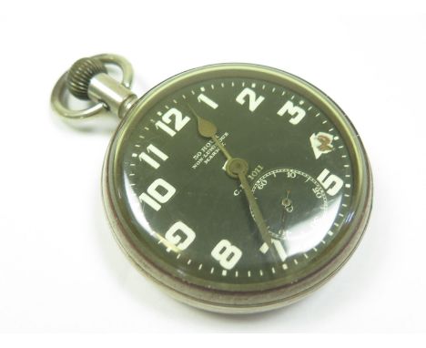 Military Pocket Watch, black face, dial named '30 Hour Non-Luminous Mark V, C B 1011'. Reverse of case stamps with W/D Arrow 