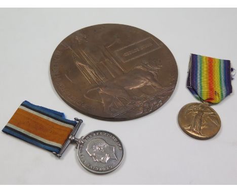 BWM & Victory Medal + Death Plaque (glue to reverse), to 46333 Pte George Evans R W Fus. Killed In Action with the 13th Bn. B