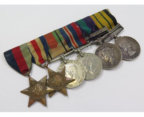 Royal Military Police group mounted as worn - 1939-45 Star, France & Germany Star, Defence & War Medals, KGVI GSM with Malaya