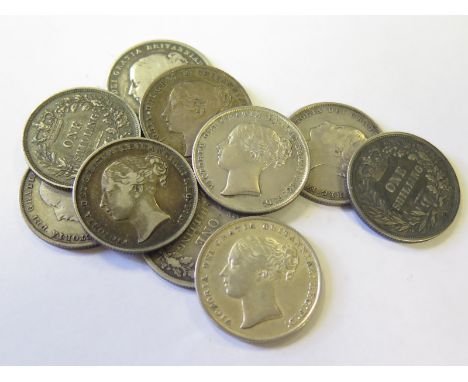 GB Shillings (10): 1840 nF, 1841 VF, 1842 F, 1843 VG, 1844 VF, 1845 GVF light scratch, 1846 cleaned VF-GVF, 1849 aVF, 1852 aV