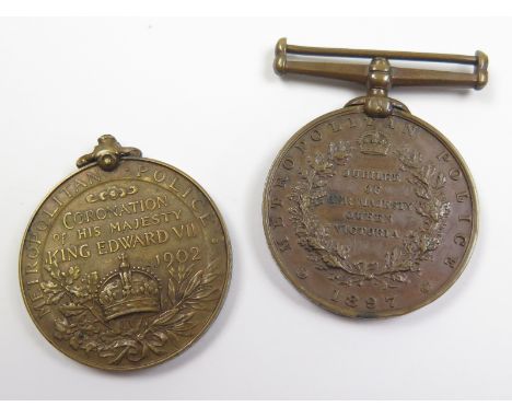 Police Medals to P.C. H Coulson K Div'n (later M Div). Medals - Jubilee Medal 1897 Metropolitan Police, and 1902 Coronation M