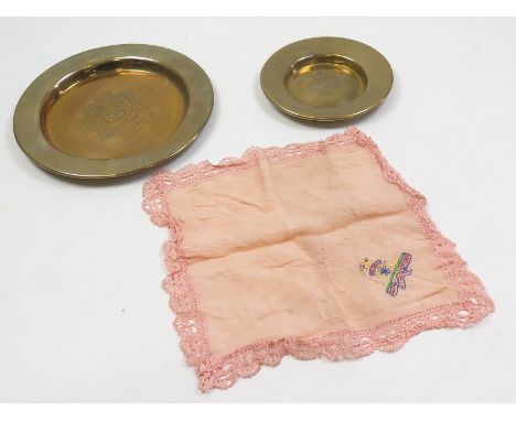 Highland Light Infantry brass dish and a Queen Marys A.A.C brass dish, plus an RA hankie (3)