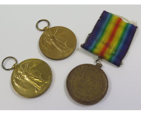 Victory Medals - 34785 Pte T J Ridley Bord R, 102424 Pte W J Gibson MGC, 453276 Pte A Scase 58-Can Inf (this missing ring sus