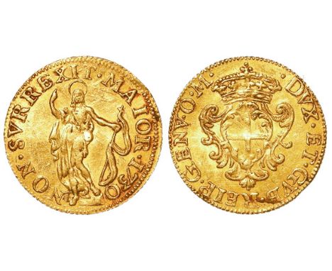 Italian States, Genoa gold Zecchino 1730 OM, KM# 187, GVF light scuff.