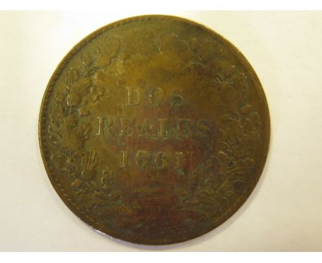 Argentina, Buenos Aires copper 2 Reales 1861, KM#11 nVF, light corrosion reverse.