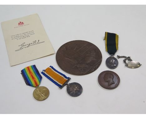 Group - BWM & Victory Medal, plus GV Territorial Efficiency Medal and Death Plaque + silver ID Tag to Lieut F Plummer RAF (78