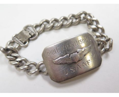 USAAF pilots sterling silver bracelet named 'John C. Wilkinson Jr, 0-753470 Angeline V. Wilkinson Type A'. 