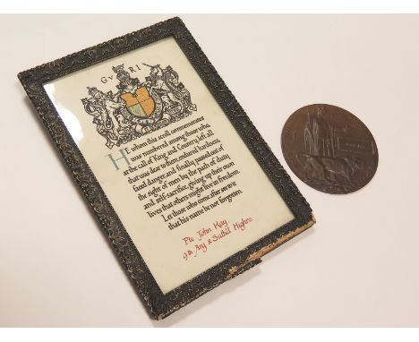 Death Plaque and Scroll (this framed) to 325723 Pte John Kay 9th Argyll & Sutherland Highlanders, Died of Wounds 21/5/1917 wi