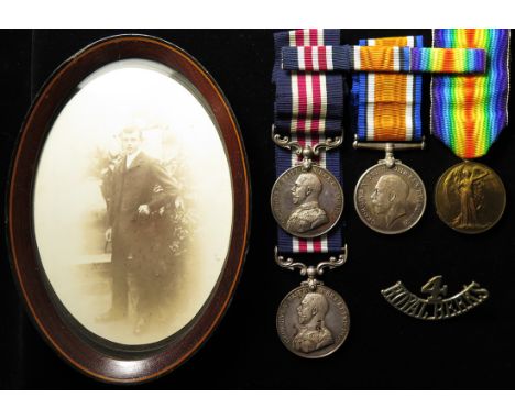 Highly unusual DOUBLE issue Military Medal group with boxes of issue, ribbon bar and shoulder title, War Office letter re iss