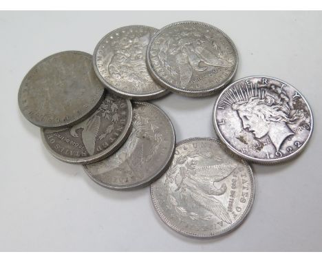 USA Silver Dollars (7) Morgan 1879 to 1896 various, and one Peace 1922, grades VG to EF