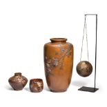 THREE INLAID BRONZE VASES AND A SPHERICAL BRONZE INCENSE BURNER Meiji period (6)