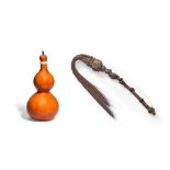A ROOTWOOD AND BASKETWORK HORSEHAIR FLY WHISK AND AN IVORY-MOUNTED DOUBLE GOURD BOTTLE AND COVER...