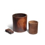 TWO HARDWOOD BRUSHPOTS AND A WOOD PEN REST Qing dynasty (3)