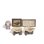A PAINTED ENAMEL DOUBLE-EAGLE TEA CADDY, A MOTHER-OF-PEARL PANEL, AND THREE PAINTINGS OF JUNKS, ...
