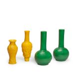 A PAIR OF GREEN PEKING GLASS BOTTLE VASES AND TWO YELLOW PEKING GLASS VASES 18th/19th century (4)