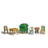 A COLLECTION OF GLAZED POTTERY MODELS OF A PALANQUIN, THREE CHAIRS, A TABLE AND TWO-PART STAND M...