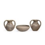A PAIR OF BLACK POTTERY HANDLED VASES AND A BLACK POTTERY BOWL Han Dynasty (3)