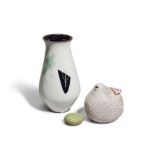 A WHITE GLAZED 'QUAIL' INCENSE BURNER, A CELADON GLAZED INCENSE BOX AND COVER AND A CLOISONN...