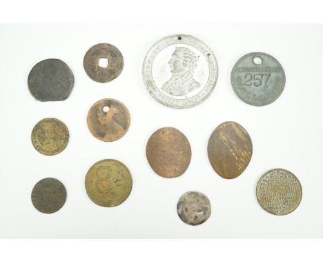 Sundry tokens and commemoratives, including a 1880 Robert Raikes "Centenary of Sunday Schools", a "Church Army" commemorative