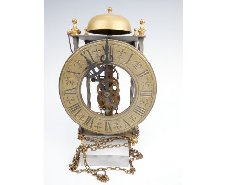 A late 20th Century brass and steel 30 hour lantern clock, striking on a bell, 14.5 x 9 x 22 cm (running when catalogued, acc