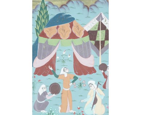 Three late 18th to early 19th Century Indian gouache and calligraphic text double sided leaves, depicting high status hunting