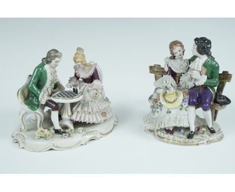 Two 20th Century Dresden porcelain figurines, depicting chess players and lovers on a bench, tallest 14 cm