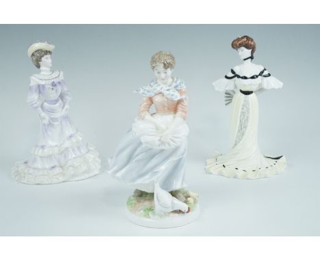 Two 1980s Coalport 'Golden Age' porcelain figurines, 'Louisa ant the Ball' and 'Alexandra at the Ball', together with a Royal