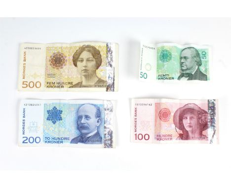 A small group of Norwegian Krone banknotes, comprising a 500, 200, 100 and 50 Krone notes