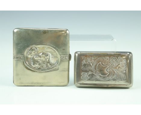 An Edwardian nickel plated pocket snuff box, engraved "Ella 1904", together with a George V electroplate cigarette case embos