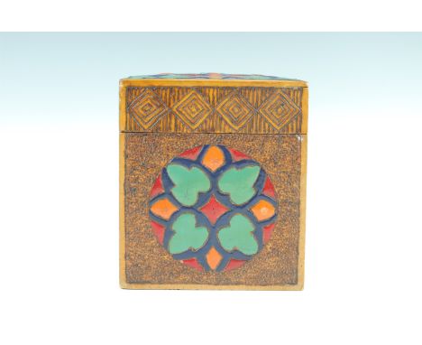 A 1920s poker-work and painted wooden tea caddy, foil lined and having poker-work sides, bottom and top, the polychrome side 