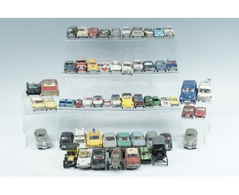 A large group of vintage play-worn diecast cars, including Corgi, Dinky, Saico, etc