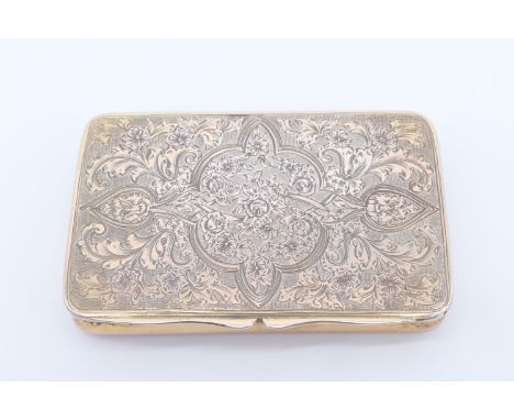 A Victorian gilt white metal pocket snuff box, its lid finely engraved, its underside engine-turned, 77 mm x 50 mm x 10 mm