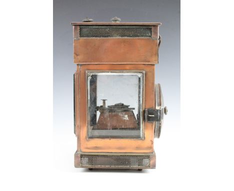 A pre Great War Bulpitt &amp; Sons 1904 copper three aspect British Army vehicle lamp, 18.5 x 18.5 x 32 cm