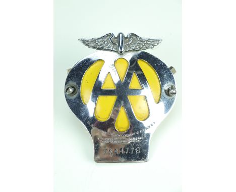 A vintage AA automobile bumper badge, stamped '3A44778', 11.5 x 10 cm