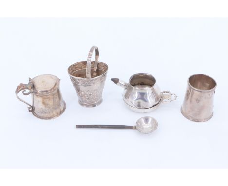 A miniature silver brandy pan, 18th Century, (a/f), a silver tankard, (a/f), a white metal pale, an electroplate lidded tanka