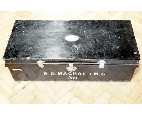 An early 20th Century army officer's campaign trunk, in black lacquered heavy steel with electroplate mounts, bearing the lab