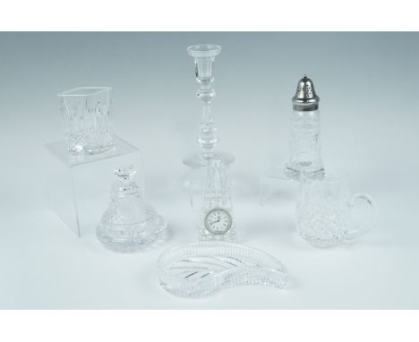 A Waterford Crystal clock, candlestick, sugar caster, "Noel 1979" bell etc