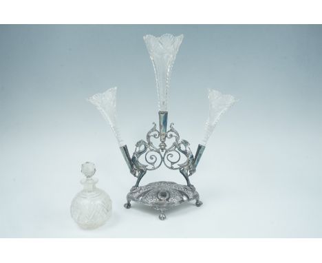 A Victorian electroplate three trumpet epergne, 35 cm, together with a grenade form perfume bottle, 12 cm