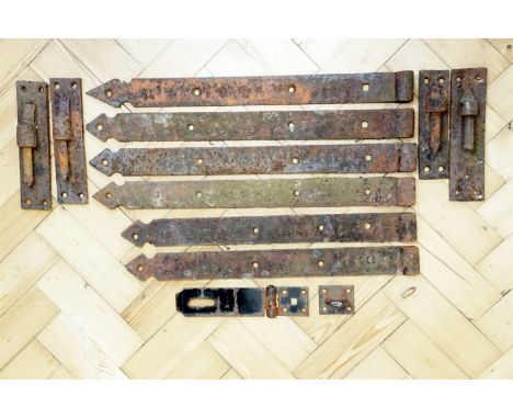 A quantity of vintage wrought iron gate hinges, etc, longest 60 cm