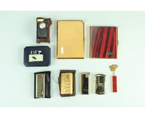 A group of vintage cigarette lighters, including a three Ronson, two Colbrini, an Art Deco influenced wheel lighter on a neck