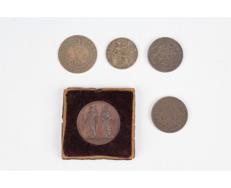 A group of coins, comprising a 1778 low crown 10 Reis, an 1842 "Liberty Head" Cent, and a 1912 first portrait half penny, tog