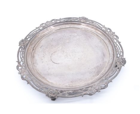 [ World War II shipping interest ] A circular silver salver, having a Celtic influenced cast openwork border, bearing an engr