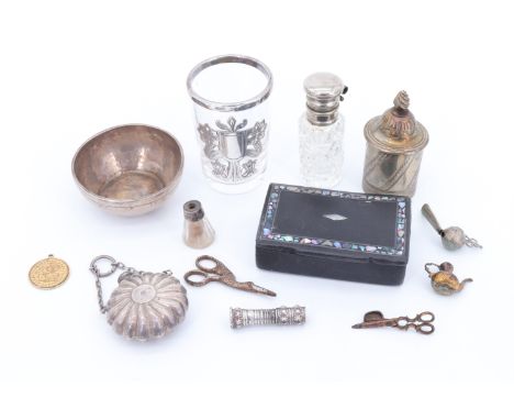 Sundry silver and other objects including a Victorian silver perfume bottle (cap lacking), a cut glass perfume, its hinged li