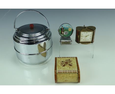 1950s-1960s Dayson kitsch Scottish perpetual desk calendar, a Scottish printed table cigarette box, a chromium plated ice bar