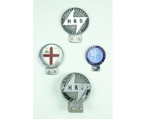 A group of vintage bumper badges, comprising two Vincent HRD owners club, a Southern Jowett car club and a The United Hospita