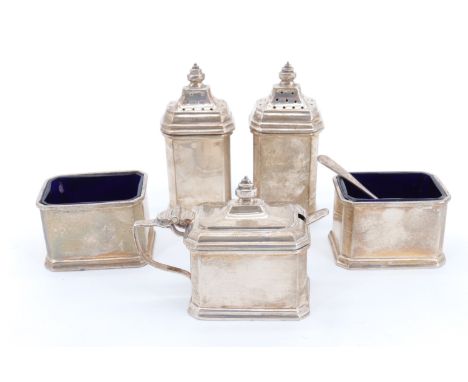 A 1930s silver cruet set, three having cobalt blue glass liners, retailed by Ogdens of Harrogate &amp; London, James R Ogden 